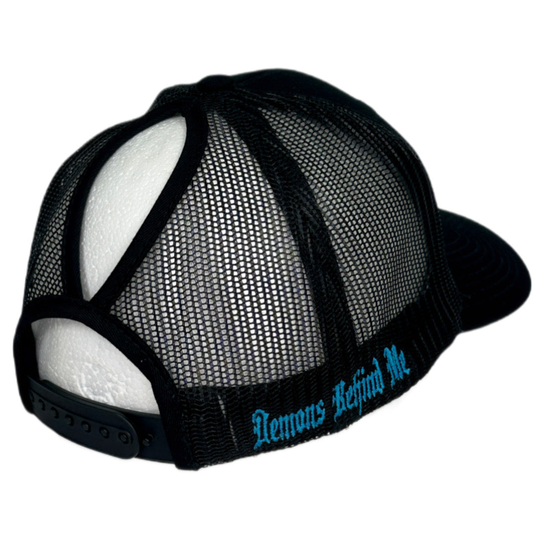 Women's Black Snapback Ponytail Trucker Cap - Blue Bow