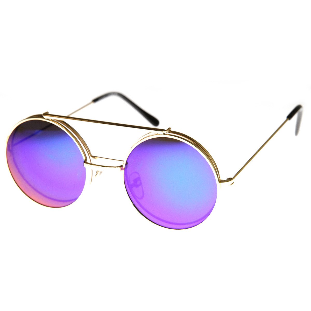 Retro Round Steampunk Mirrored Lens Flip Up Sunglasses 8966