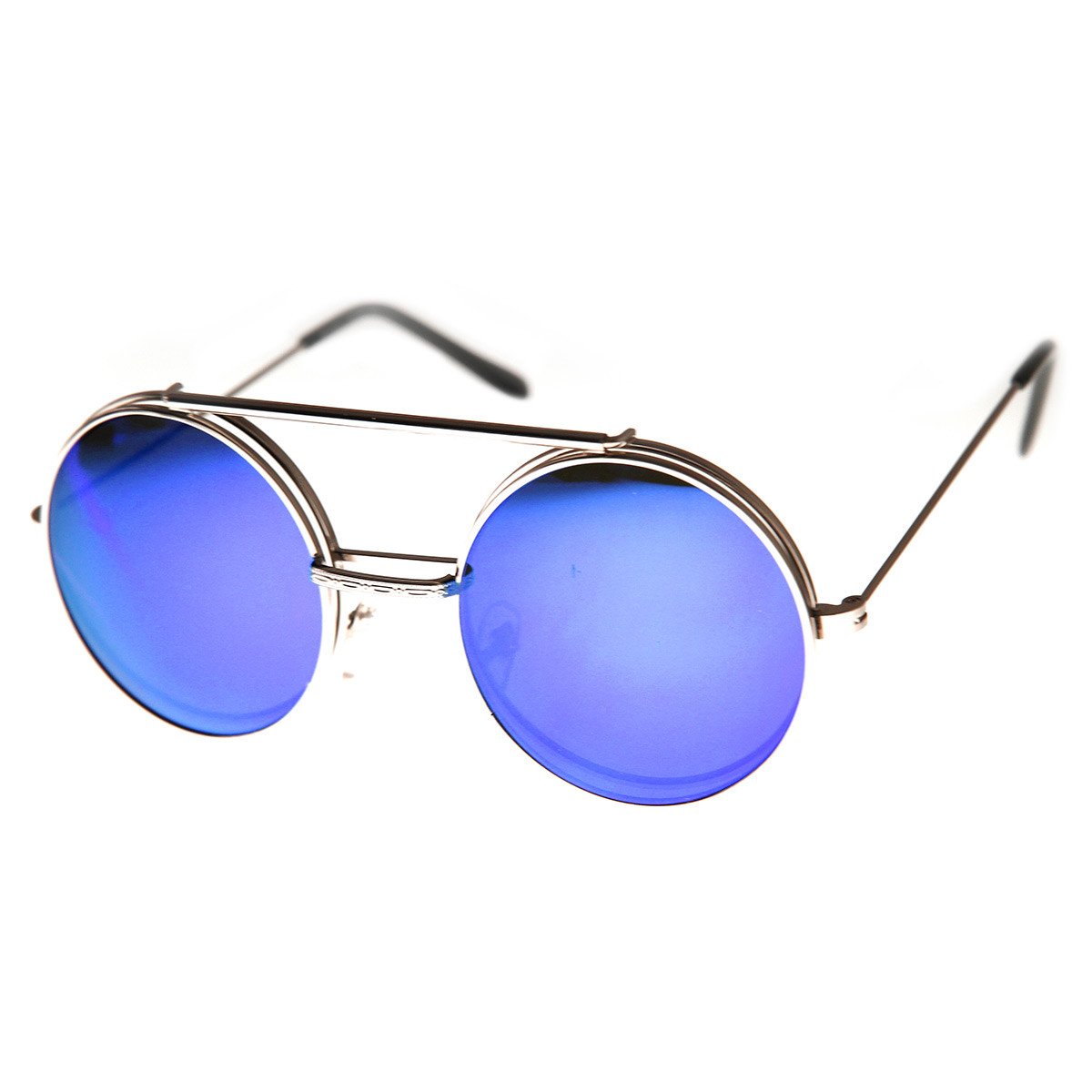 Retro Round Steampunk Mirrored Lens Flip Up Sunglasses 8966