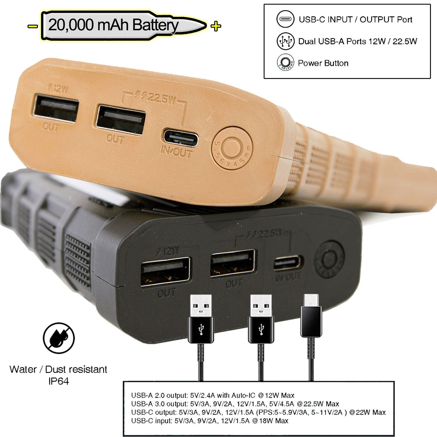 20,000mAh Military Grade Smart Powerbank Battery Charger with 2-USB + USB-C Ports (Black or FDE)