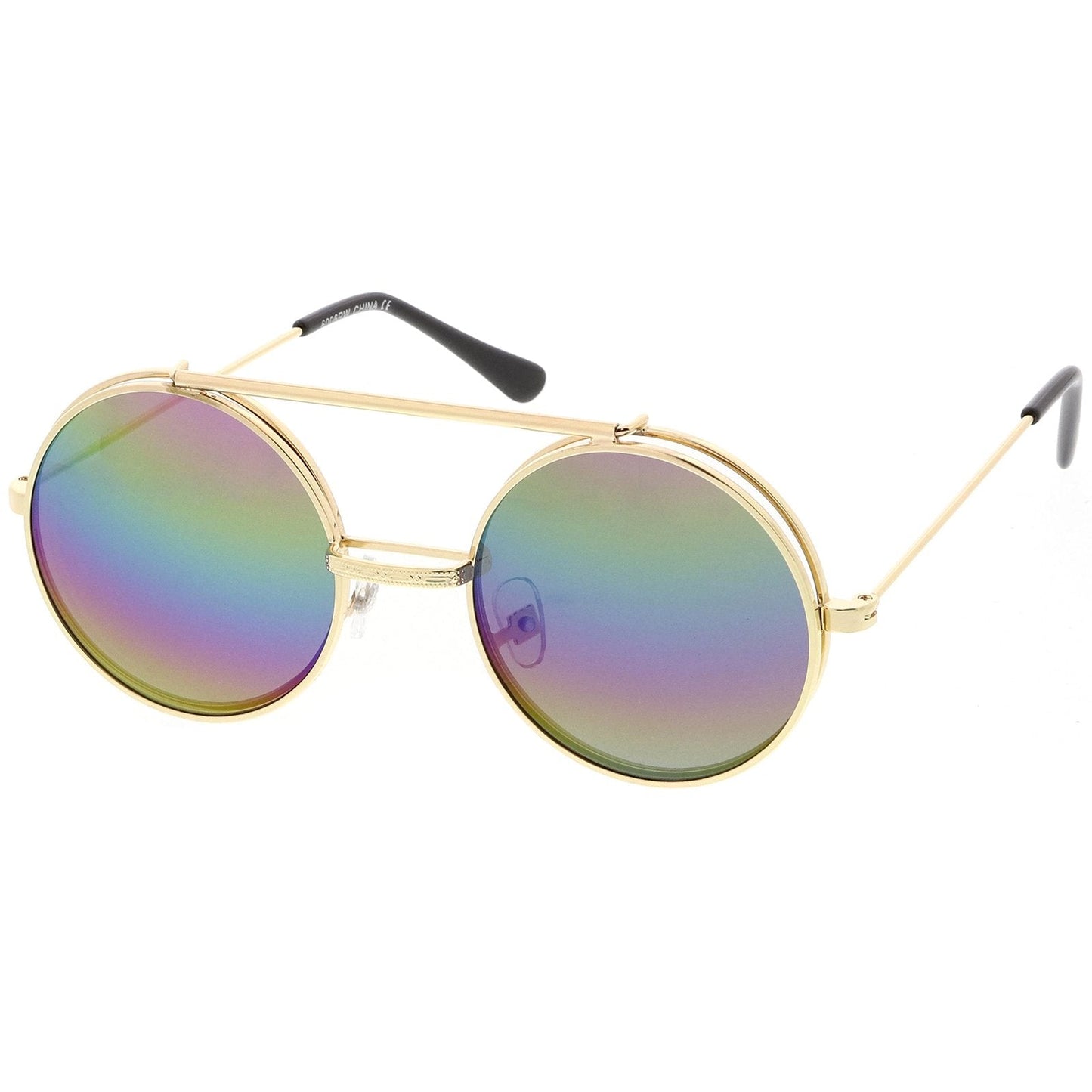 Retro Round Steampunk Mirrored Lens Flip Up Sunglasses 8966