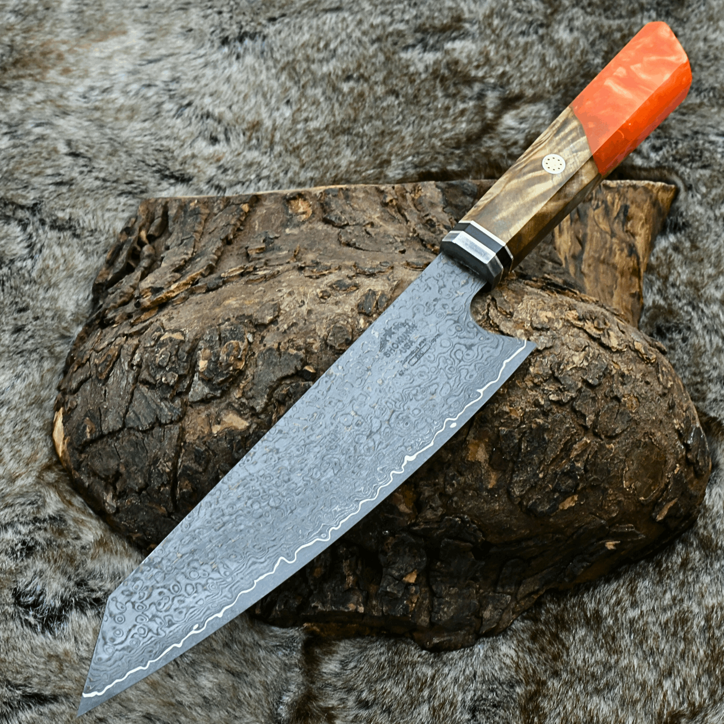 Aurora Japanese VG10 Damascus Chef Knife with Exotic Olive Wood Burl & Orange Pearl Resin Handle