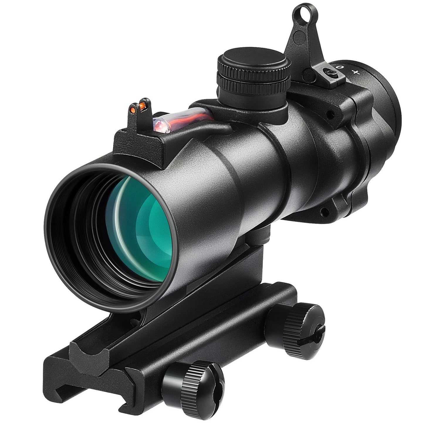 4x32 Prism Scope, Compact Tactical Rifle Scope with Fiber Reticle Sight, Iron Sights, Multicoated Lenses, Fits 20 mm Picatinny