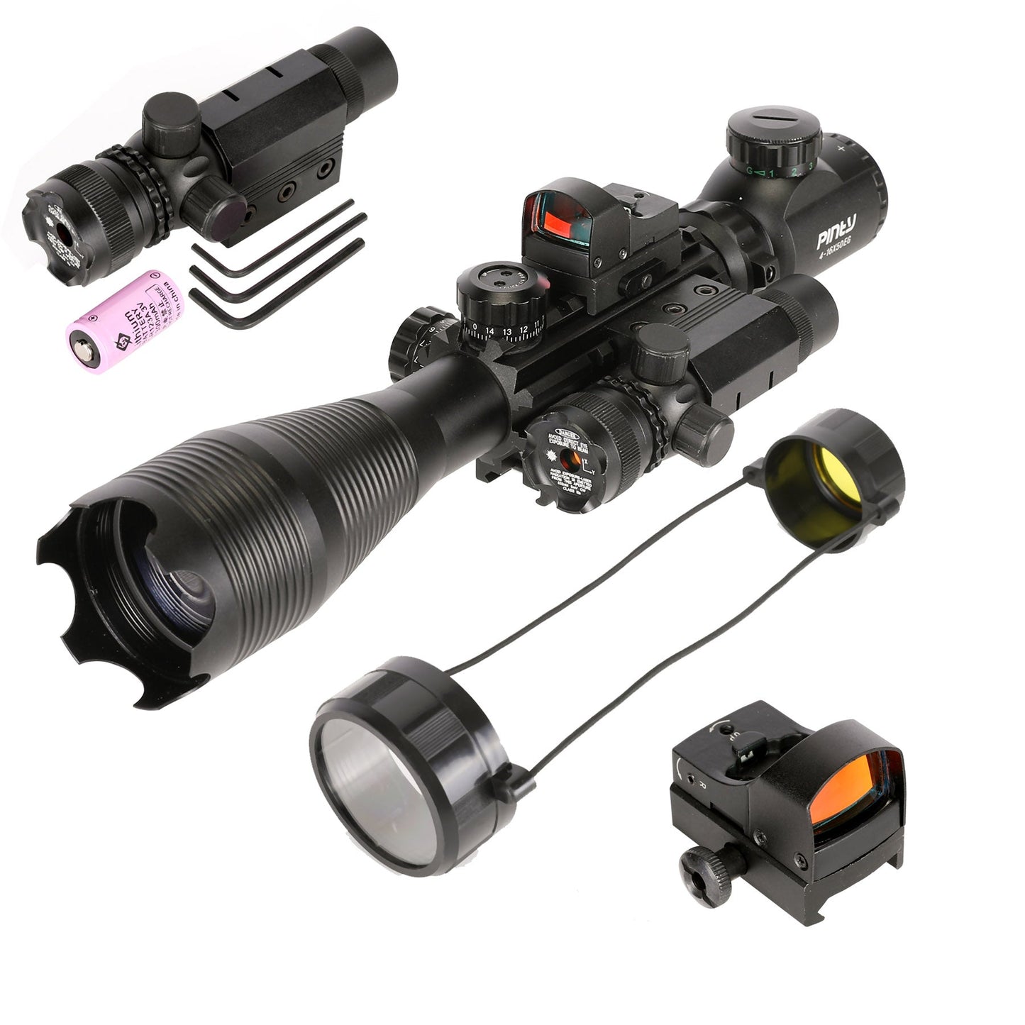 4-in-1 Rifle Scope Combo, 4-16*50mm Rangefinder Scope, Green Laser, Red Dot Sight, Boresighter