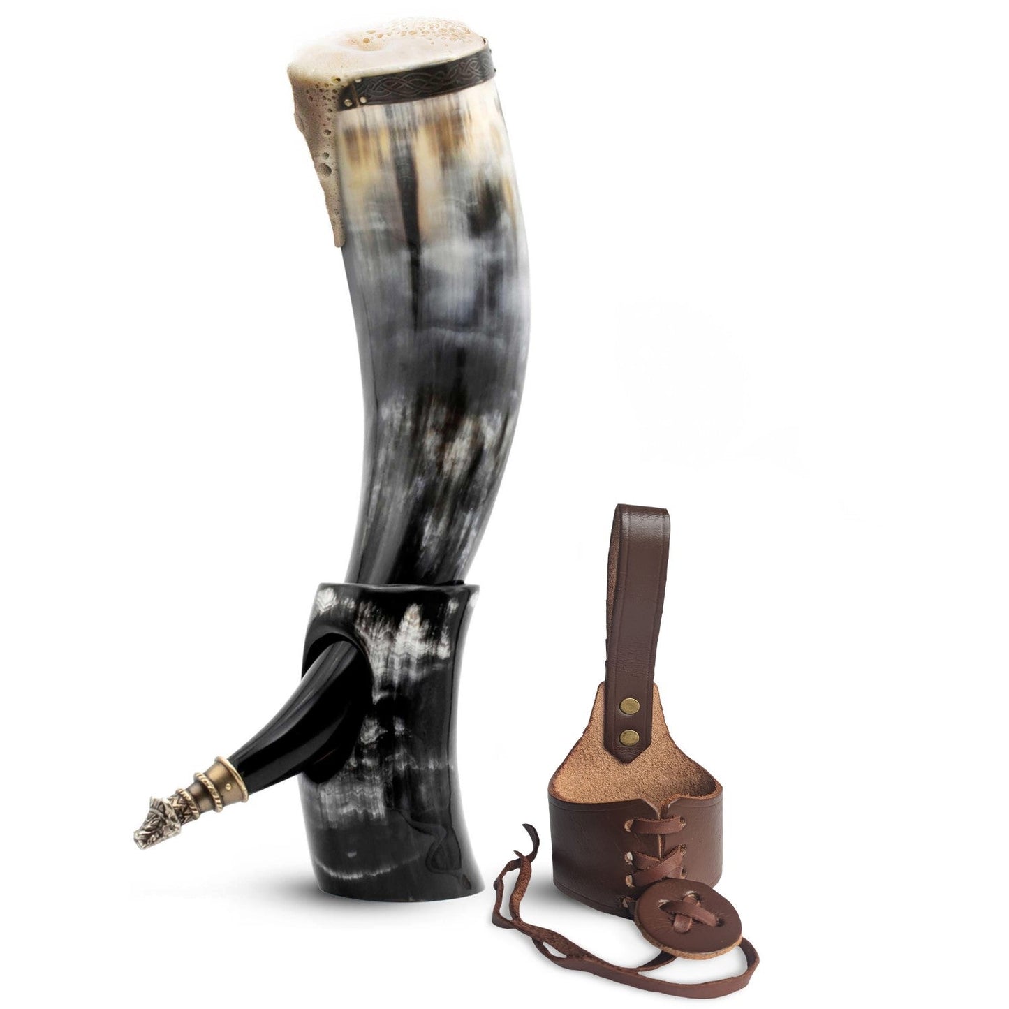 Curved Drinking Horn Bundle with Stand & Holster