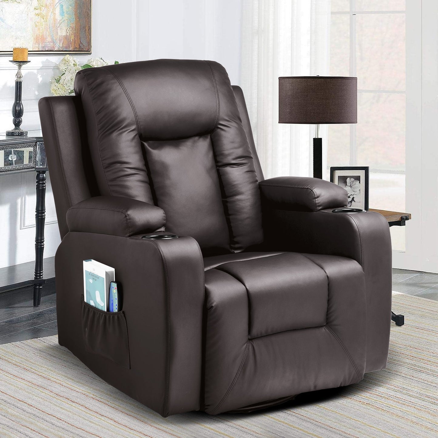 COMHOMA Recliner Chair, PU Rocking Chair for Adults, Swivel Recliner with Cup Holders, Heat and Massage, Single Sofa Seat with Side Pockets for Living Room, Bedroom (Black)