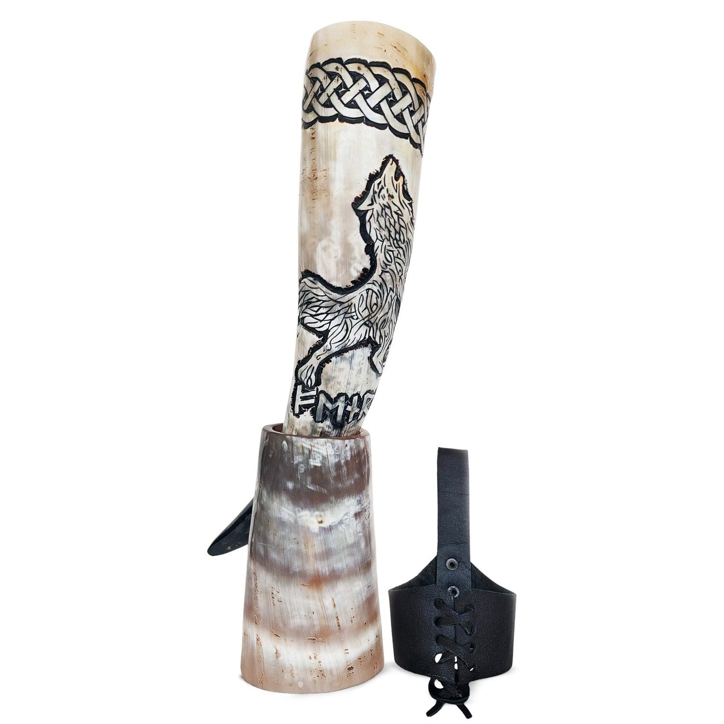 Curved Drinking Horn Bundle with Stand & Holster