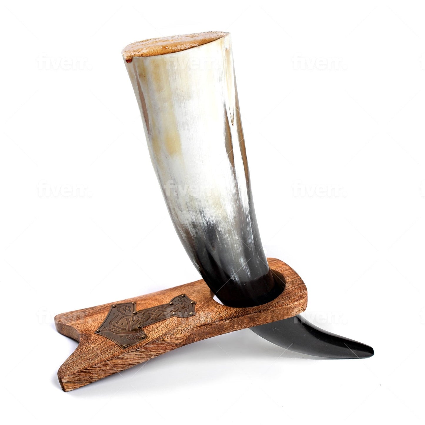 Curved Drinking Horn with Wooden Stand