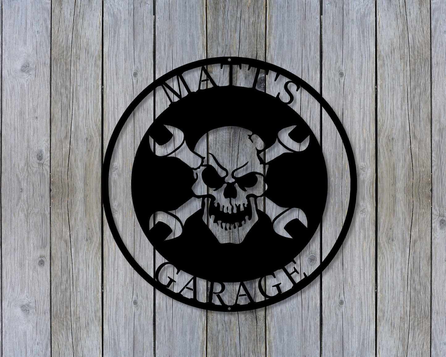 Skull and Wrench Personalized Round Metal Sign - 2 Lines