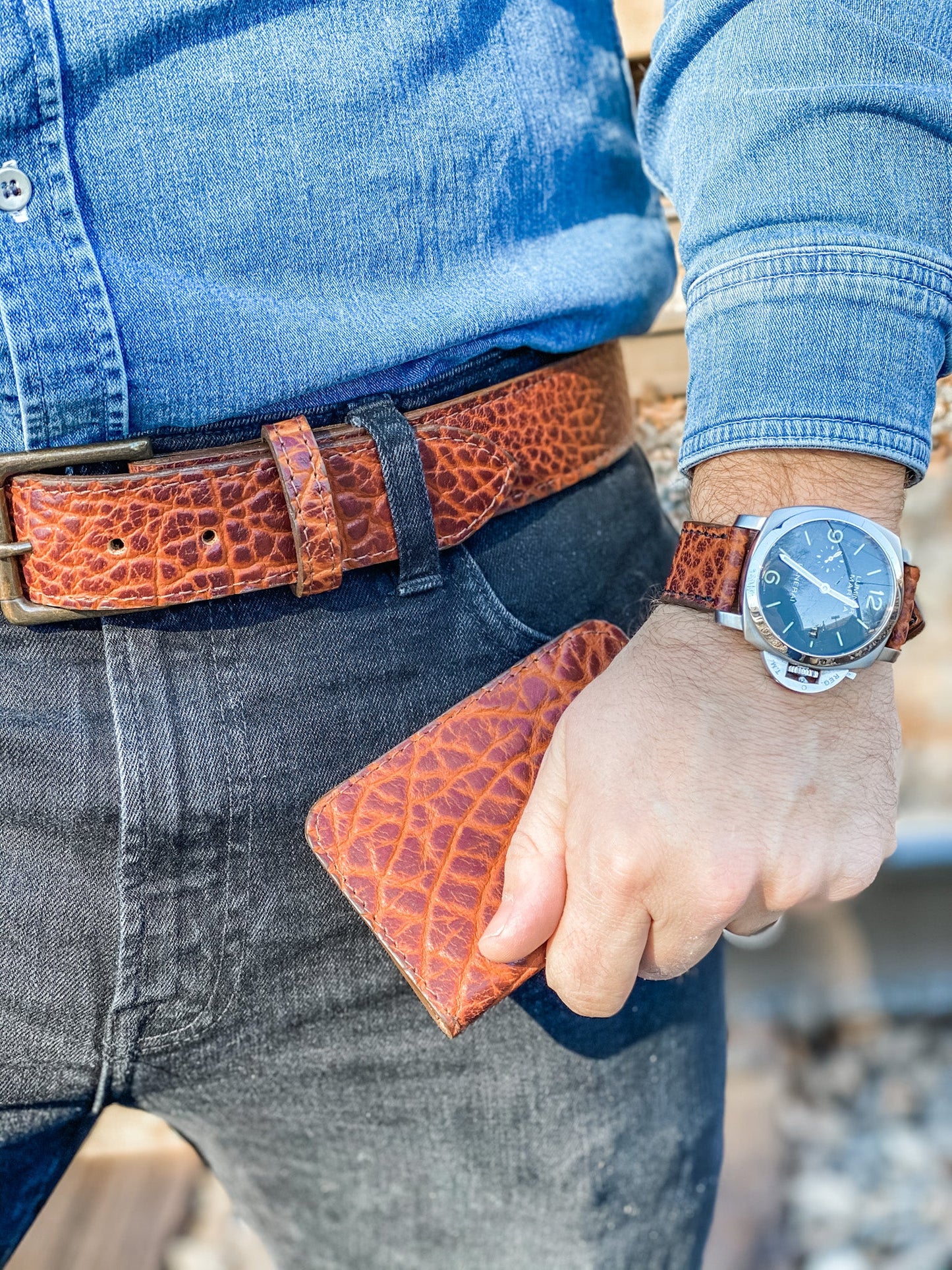 Handmade Leather Belt | American Shrunken Bison | Cognac