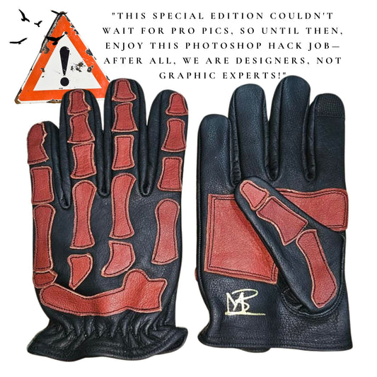 Skeleton Leather Motorcycle Gloves - Black and Red