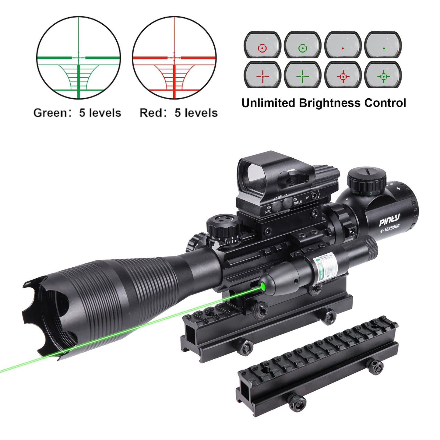 4-in-1 Rifle Scope Combo, 4-16*50mm Rangefinder Scope, Green Laser, Red & Green Dot Sight, 14 Slot Riser