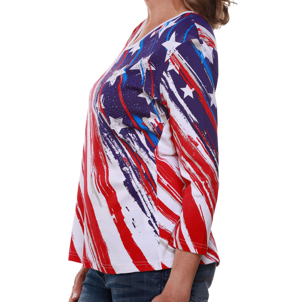 Women's Stars and Stripes American Flag 3/4 Sleeve Top