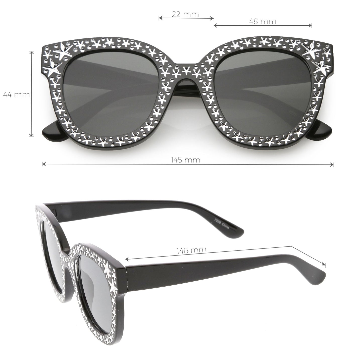 Oversize Novelty Star Embellished Horned Rim Sunglasses C683