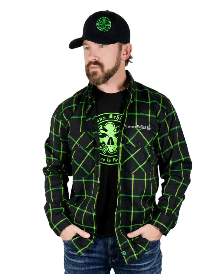 Black & Green Embroidered Lucky Flannel (Hidden Snap Collars)