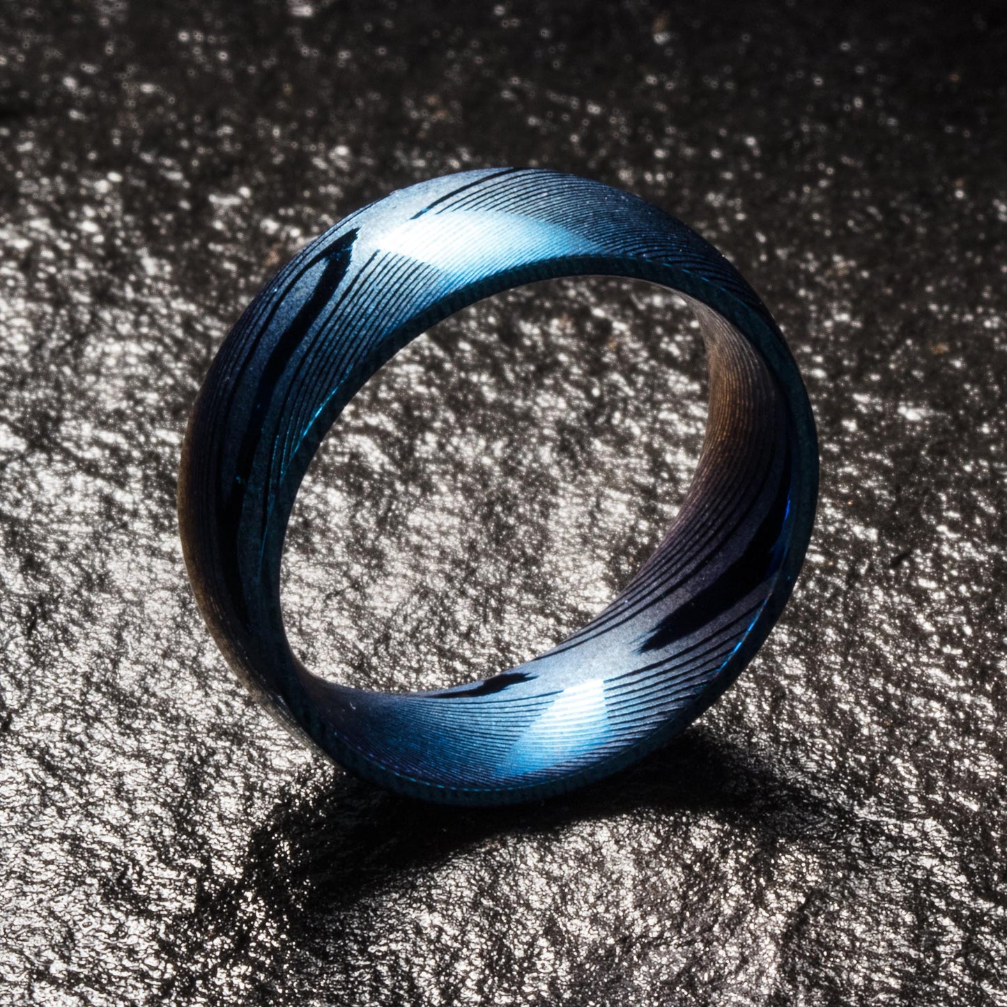 Wood Grain Damascus Steel Ring - Blue Minimalist