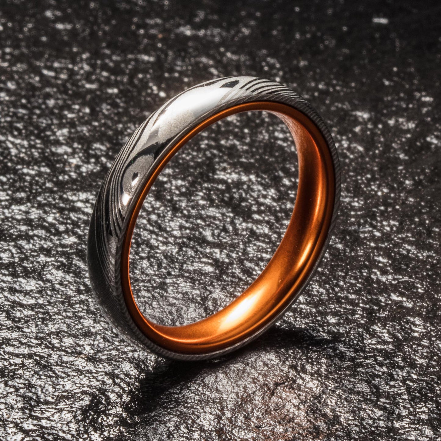 Wood Grain Damascus Steel Ring - Resilient Orange - 4MM