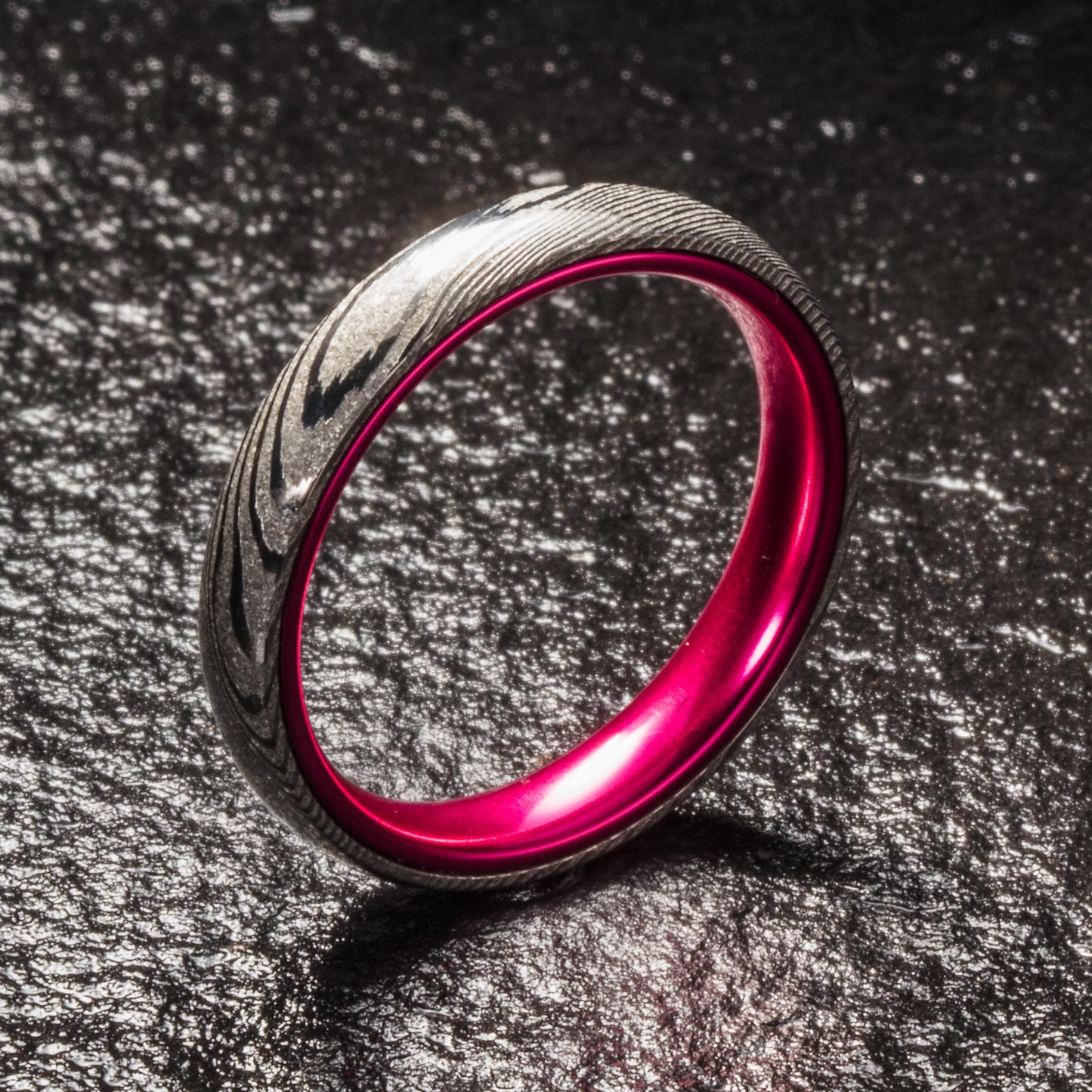 Wood Grain Damascus Steel Ring - Resilient Pink - 4MM