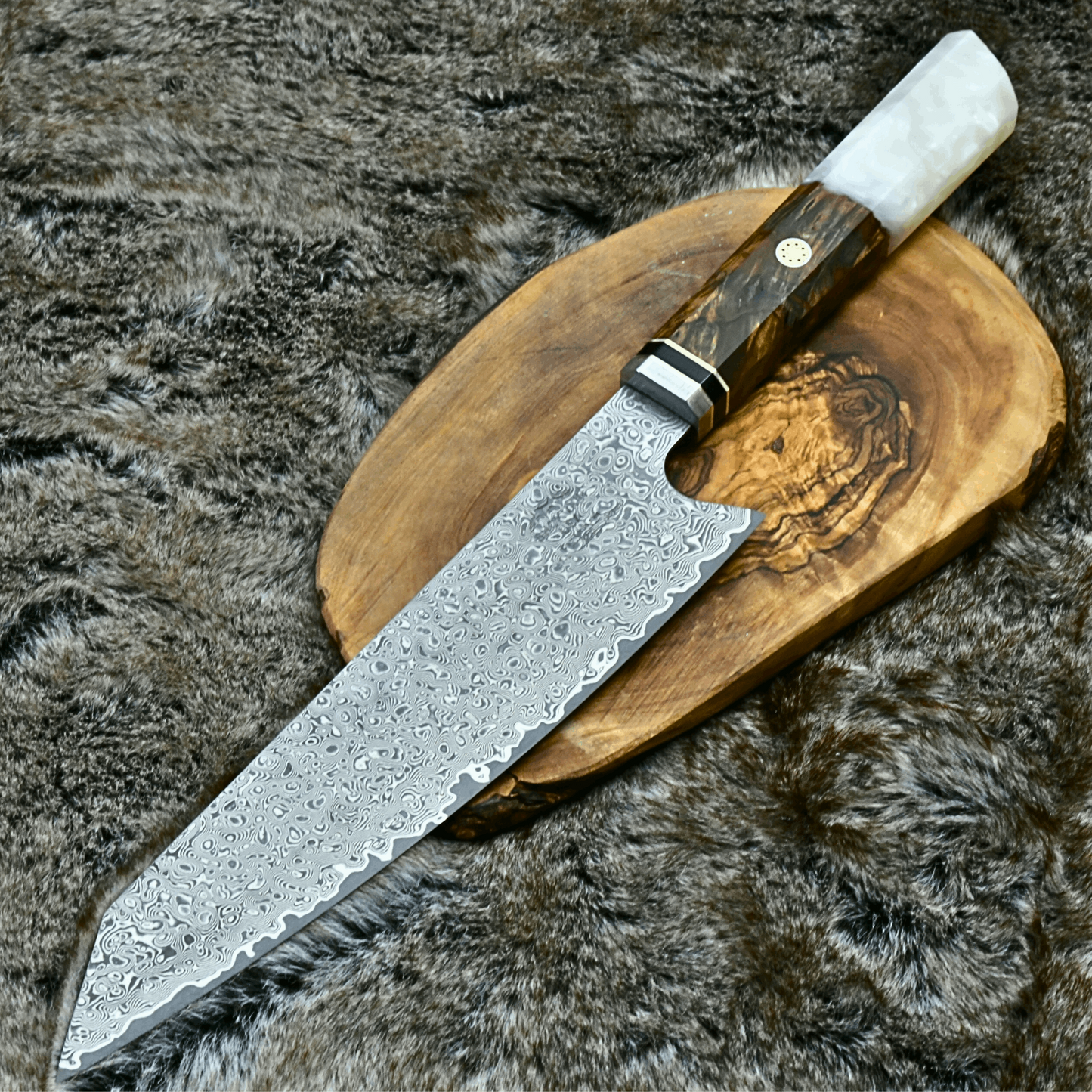 Aurora Japanese VG10 Damascus Steel Knife with Exotic Olive Wood Burl & Mother of Pearl Handle