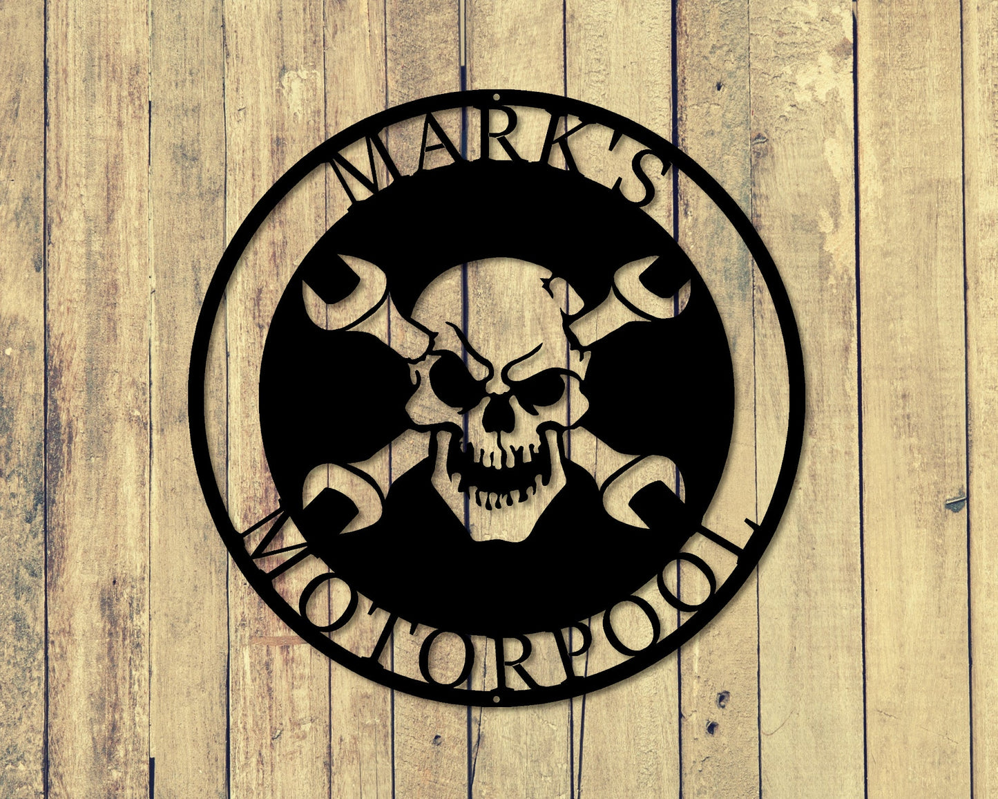 Skull and Wrench Personalized Round Metal Sign - 2 Lines