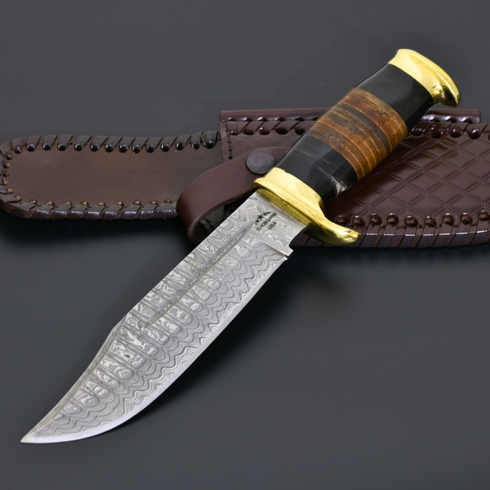 Darkstar Bowie Knife with Bull Horn & Stacked Leather Composite Handle