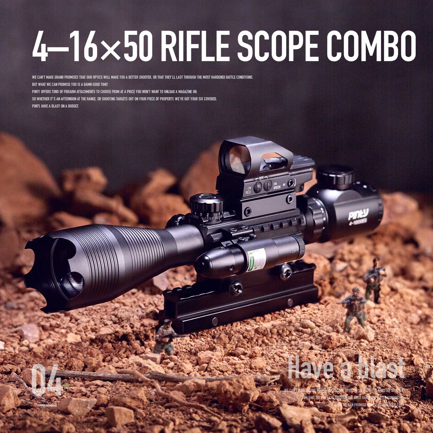 4-in-1 Rifle Scope Combo, 4-16*50mm Rangefinder Scope, Green Laser, Red & Green Dot Sight, 14 Slot Riser