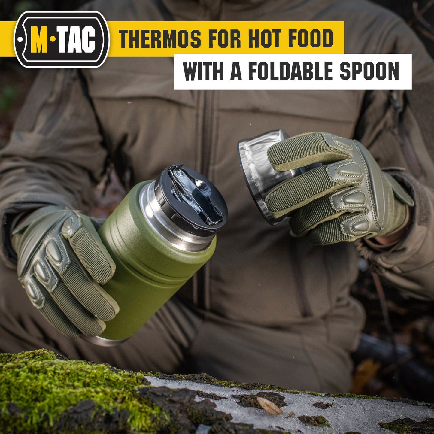 M-Tac Stainless 25 oz Thermos with folding spoon Olive