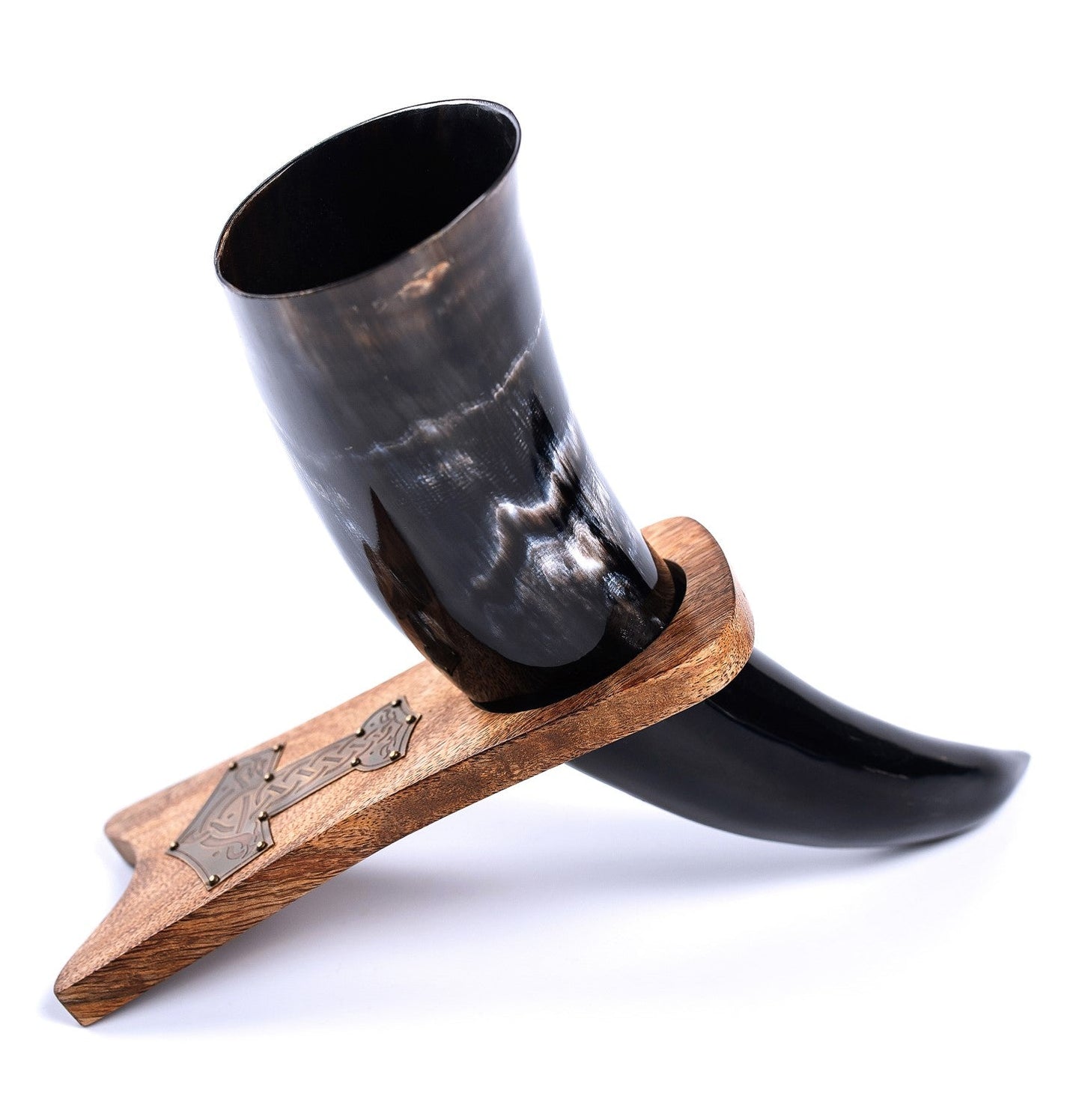 Curved Drinking Horn with Wooden Stand