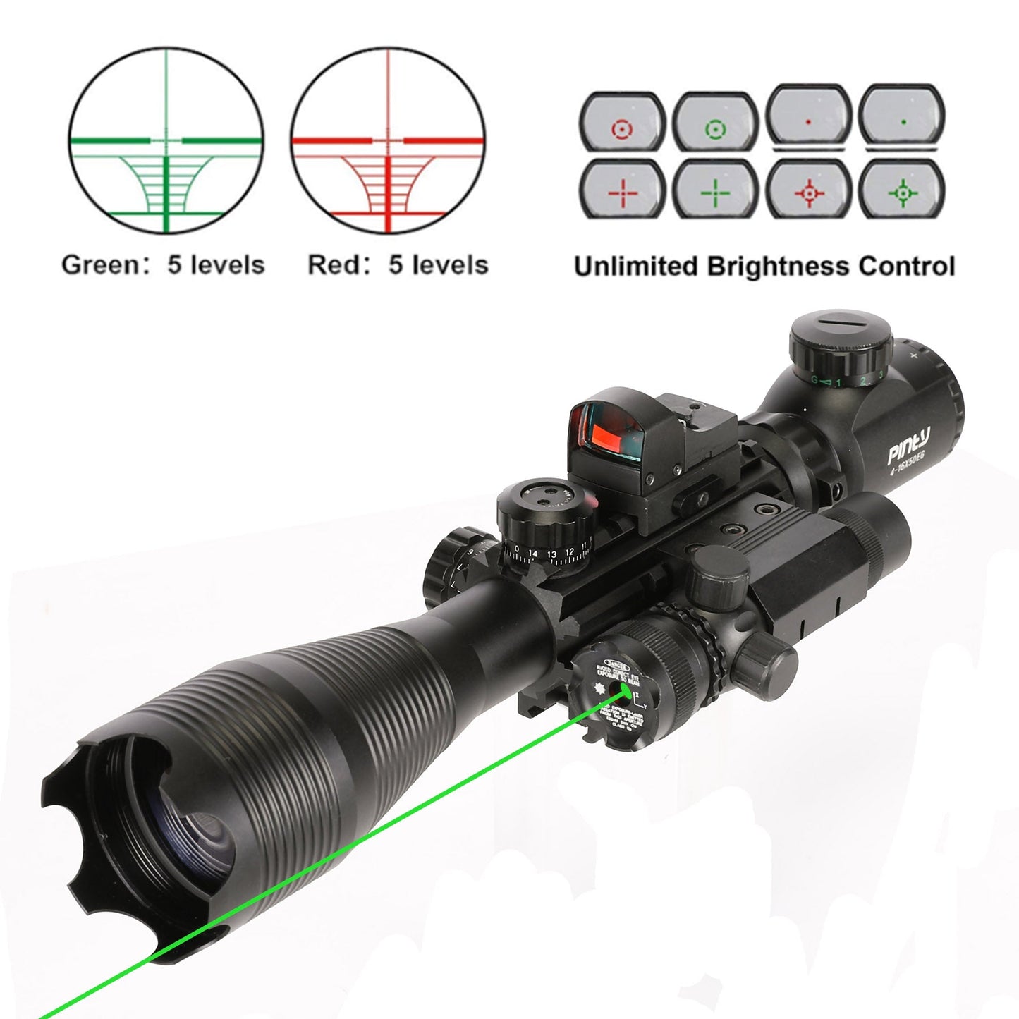 4-in-1 Rifle Scope Combo, 4-16*50mm Rangefinder Scope, Green Laser, Red Dot Sight, Boresighter