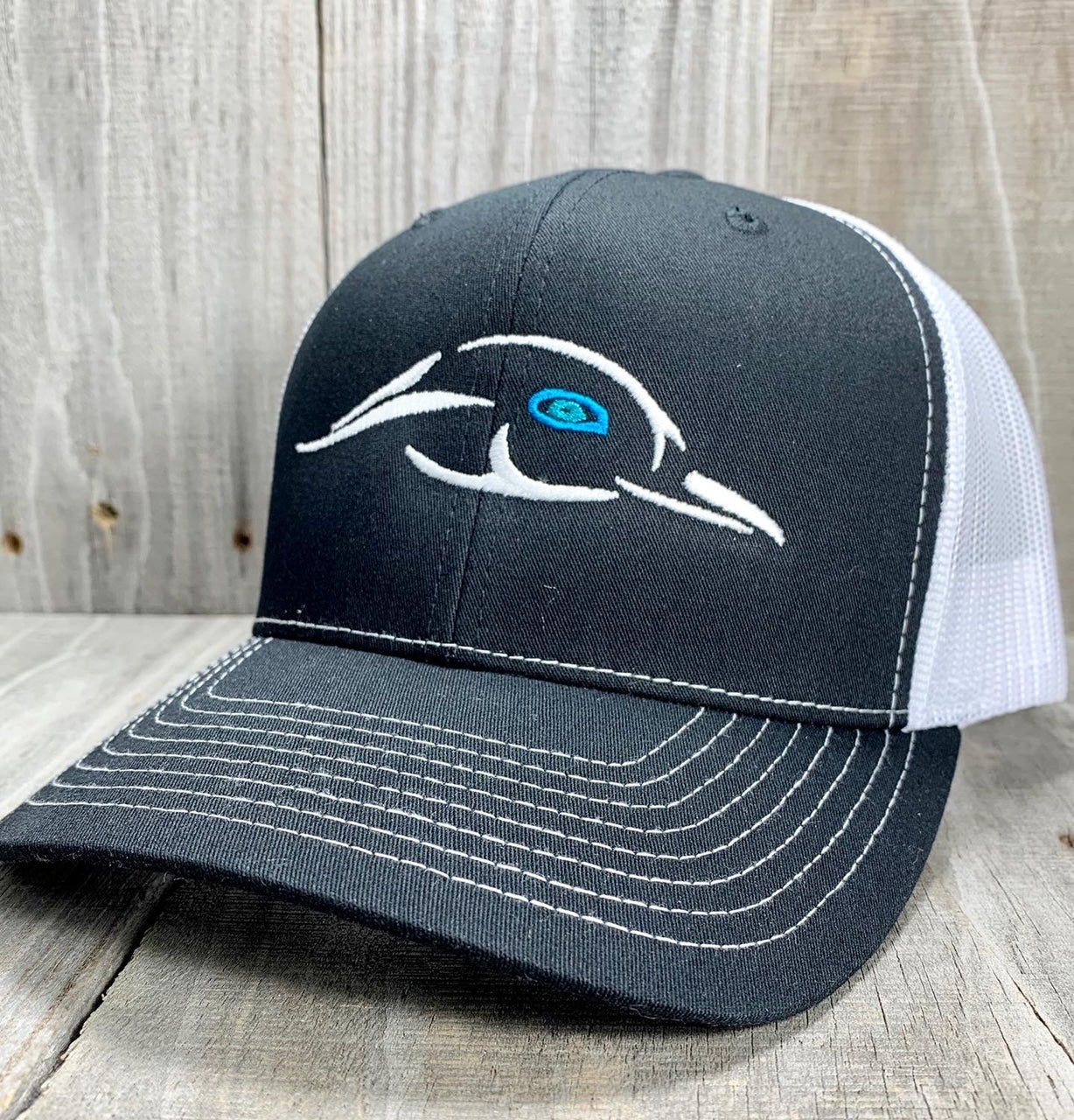 Black / White Mesh Back Silver Logo w/ Blue Eye - 112