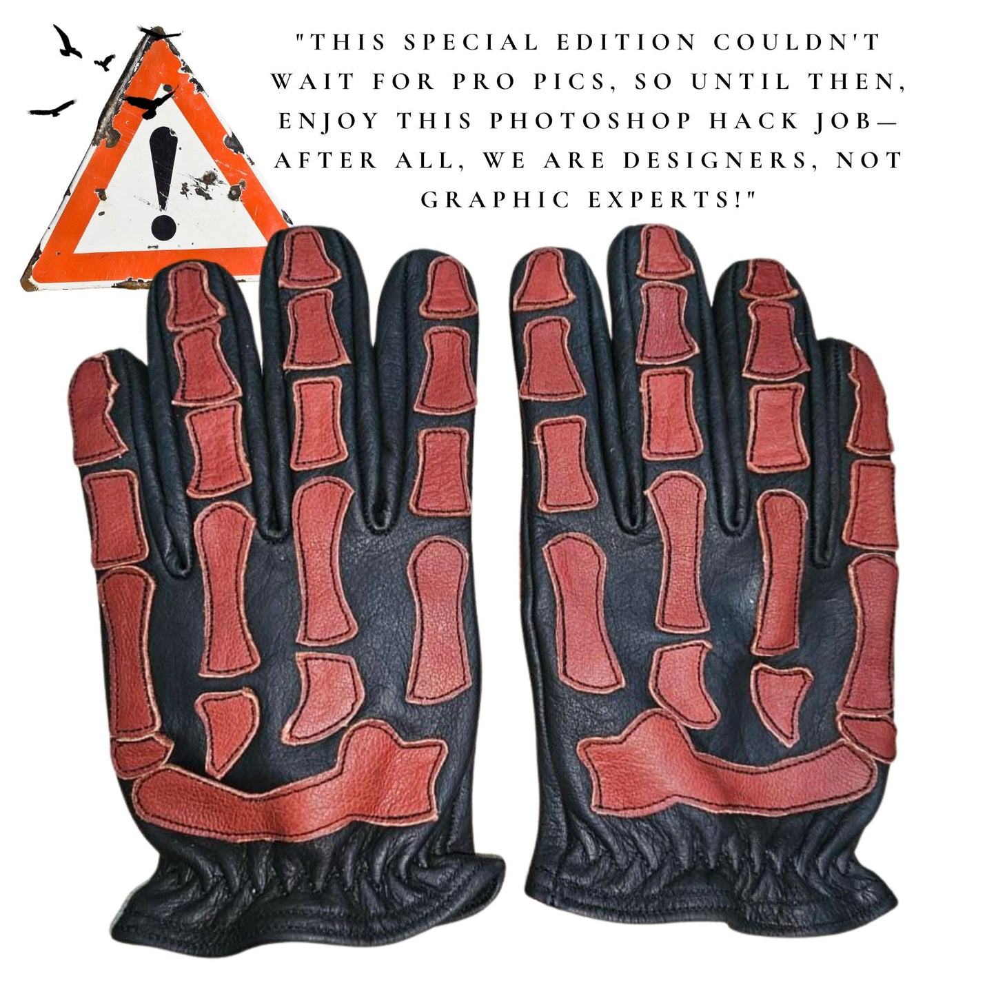 Skeleton Leather Motorcycle Gloves - Black and Red