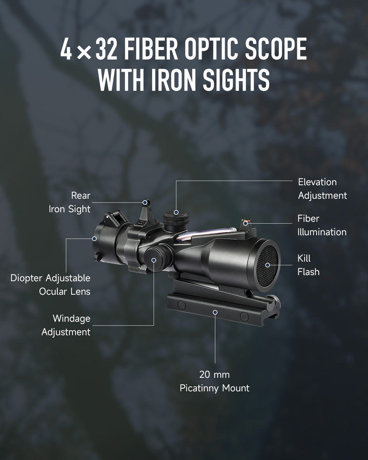 4x32 Prism Scope, Compact Tactical Rifle Scope with Fiber Reticle Sight, Iron Sights, Multicoated Lenses, Fits 20 mm Picatinny