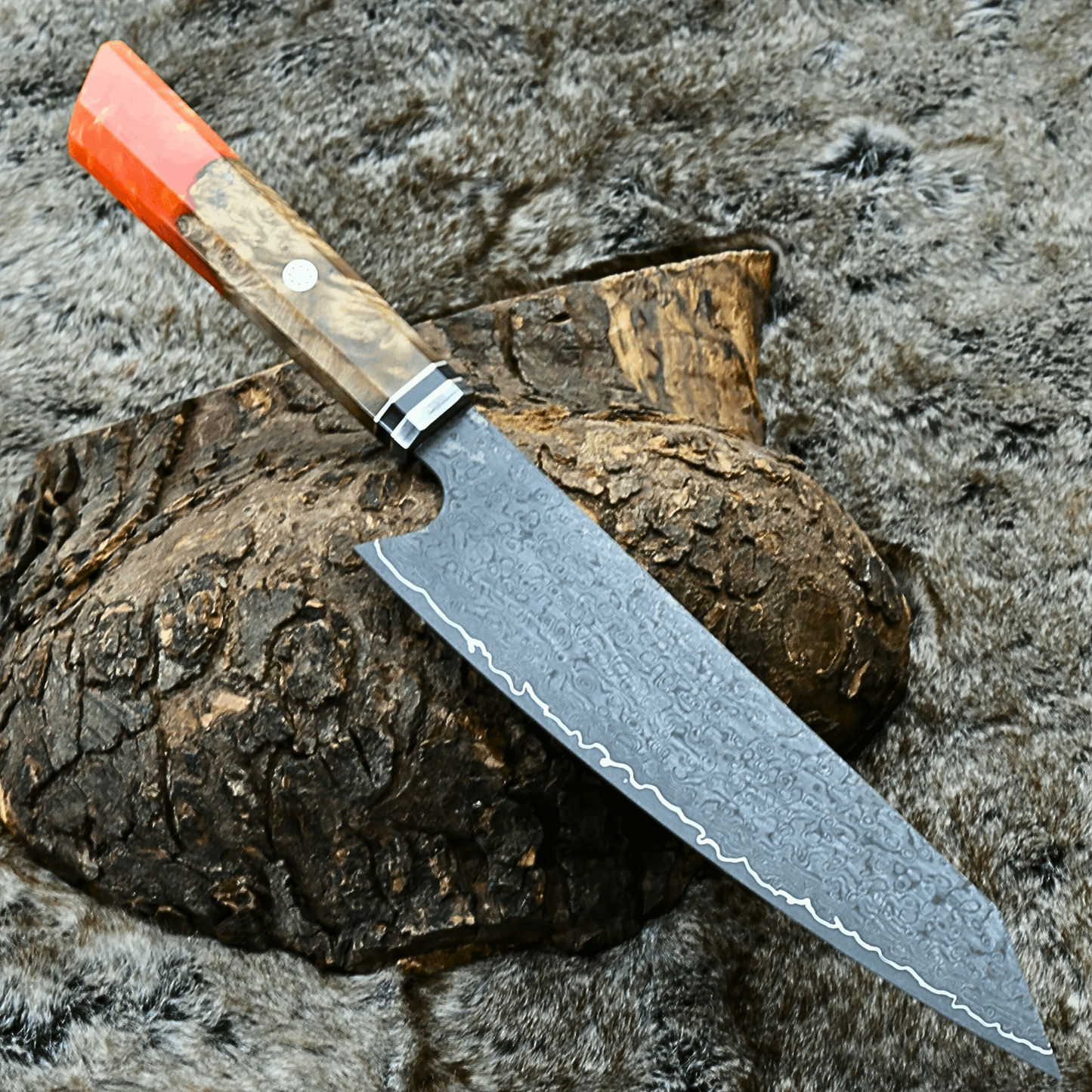 Aurora Japanese VG10 Damascus Chef Knife with Exotic Olive Wood Burl & Orange Pearl Resin Handle