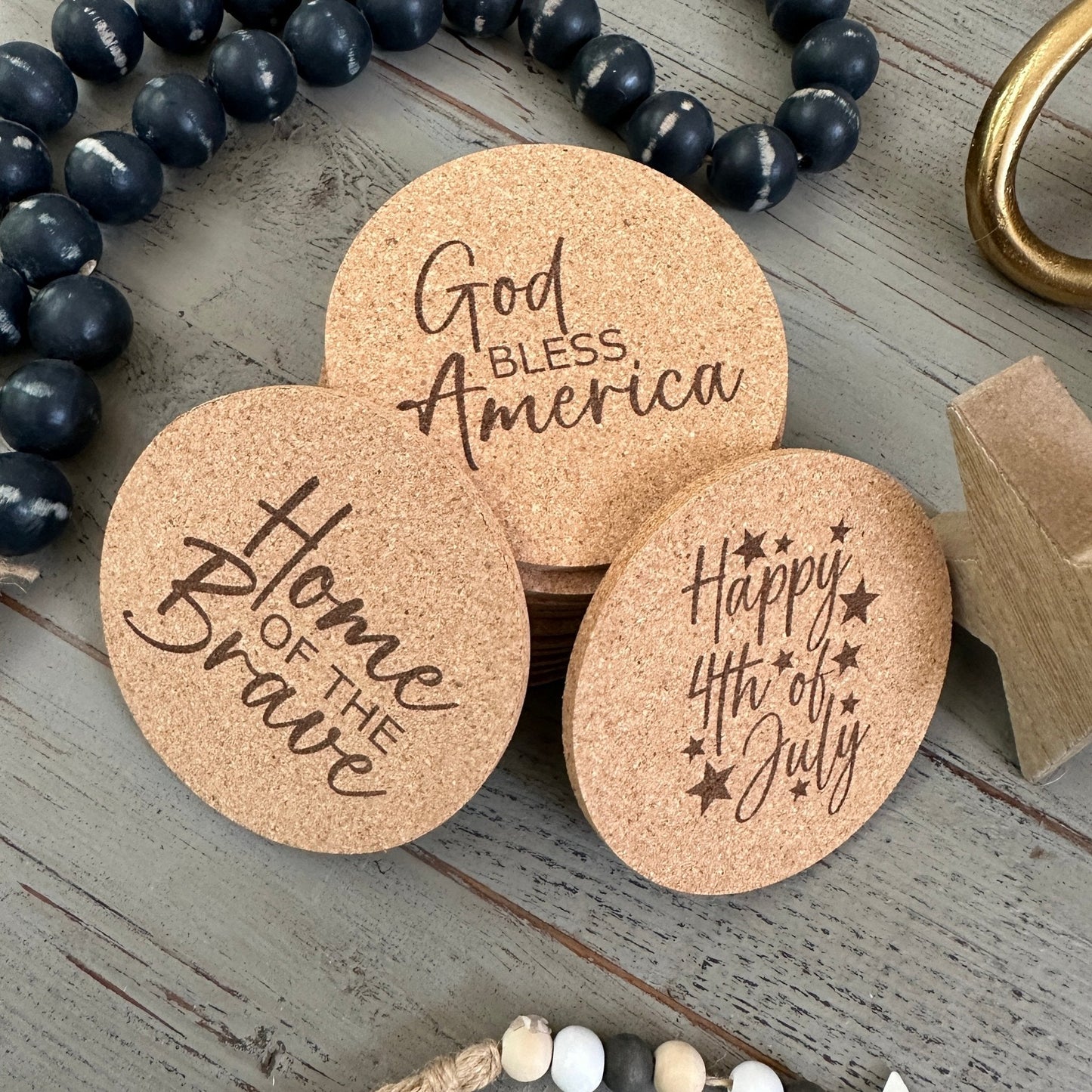 4 of July Holiday Cork Coasters, Holiday Décor, Independence Day, God Bless America, Pack of 12 Coasters