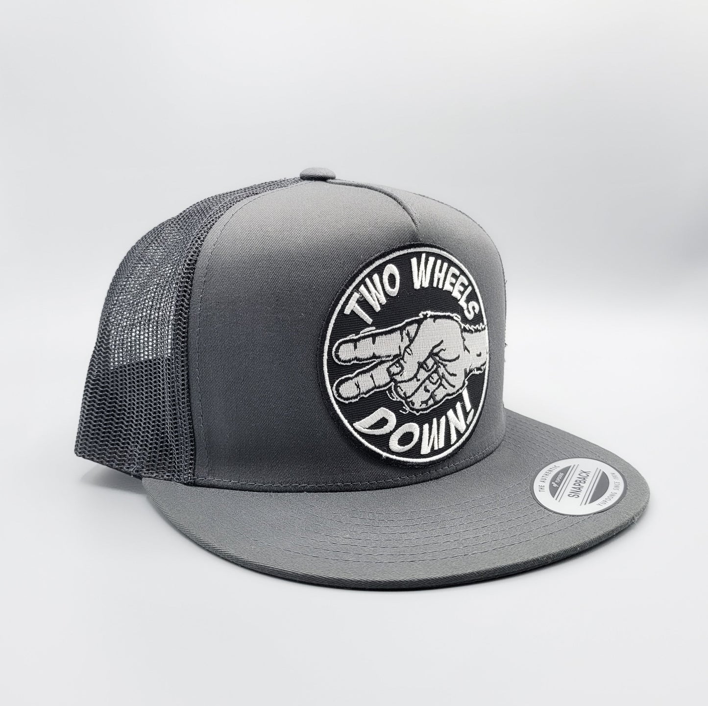 Two Wheels Down Harley Motorcycle Trucker Hat