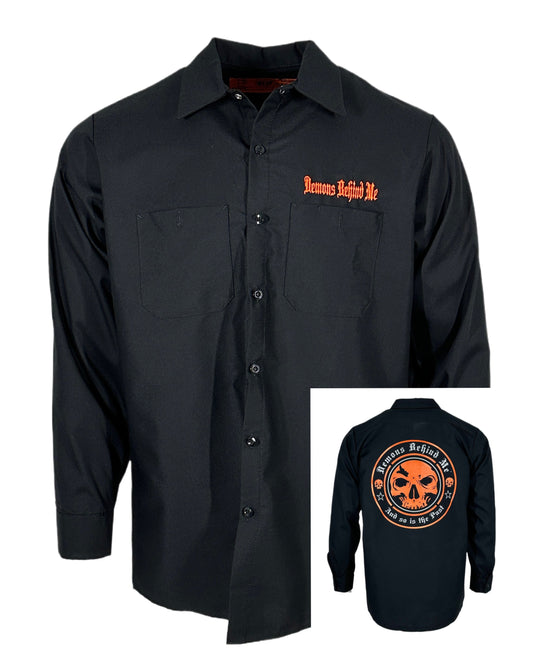 Men's Long Sleeve Black Embroidered Shop Shirt - Orange Logo