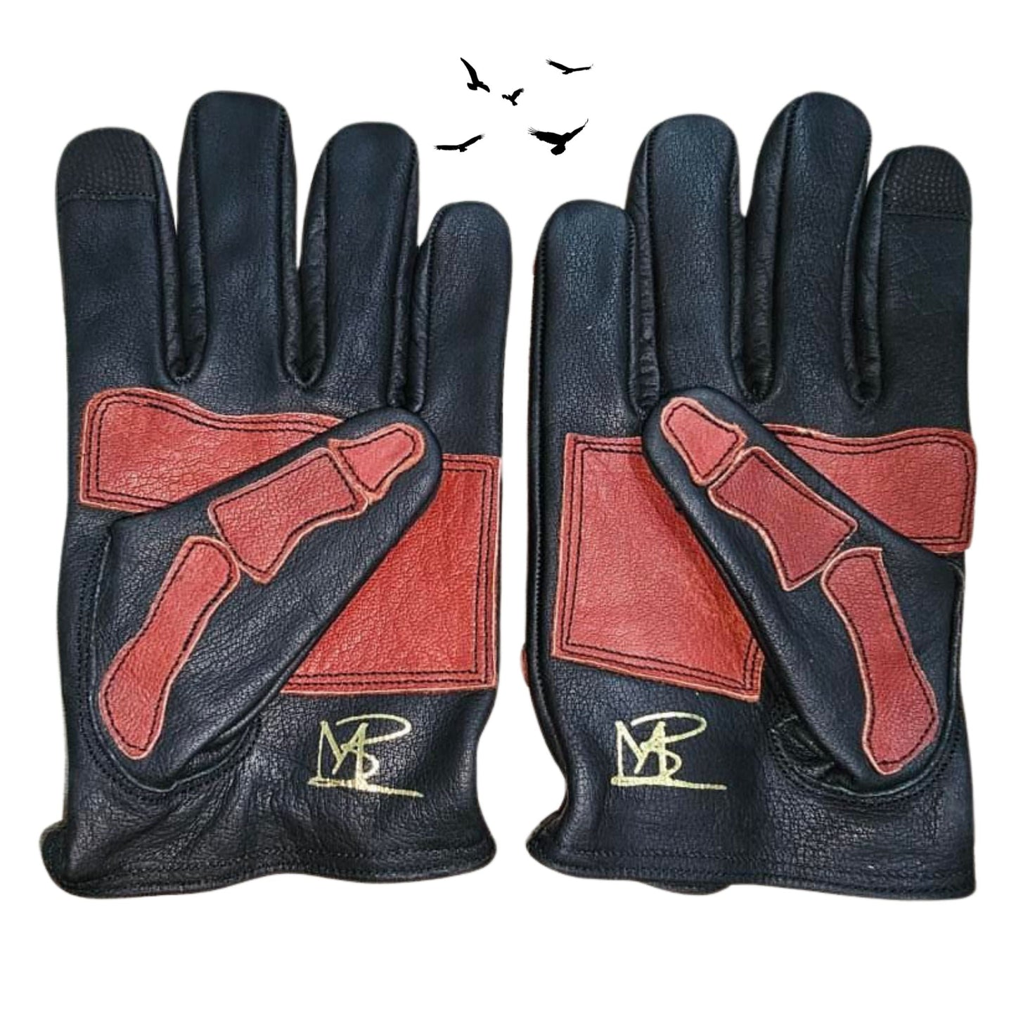 Skeleton Leather Motorcycle Gloves - Black and Red