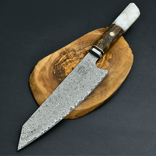 Aurora Japanese VG10 Damascus Steel Knife with Exotic Olive Wood Burl & Mother of Pearl Handle