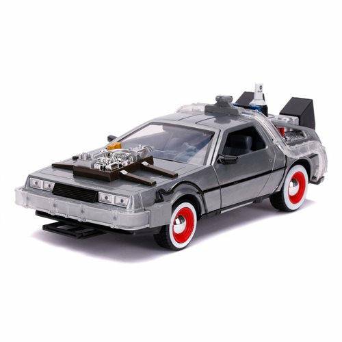 Back to the Future Part III die-cast (white-wall version) 1:24 scale "Hollywood Rides" light-up DeLorean Time Machine