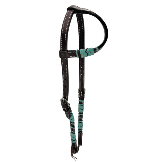 One Ear Turquoise Rawhide Dark Leather Headstall