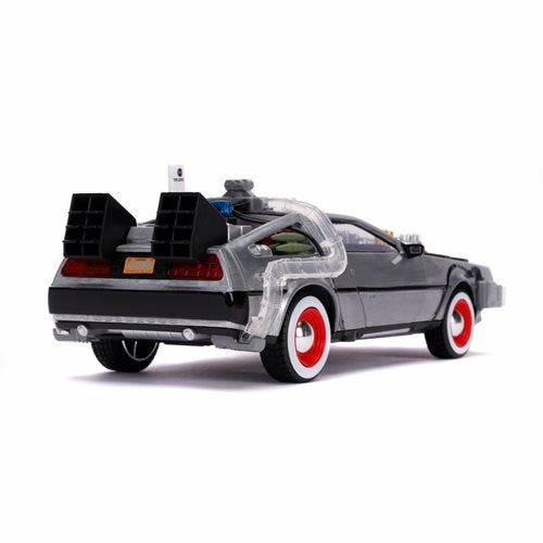 Back to the Future Part III die-cast (white-wall version) 1:24 scale "Hollywood Rides" light-up DeLorean Time Machine