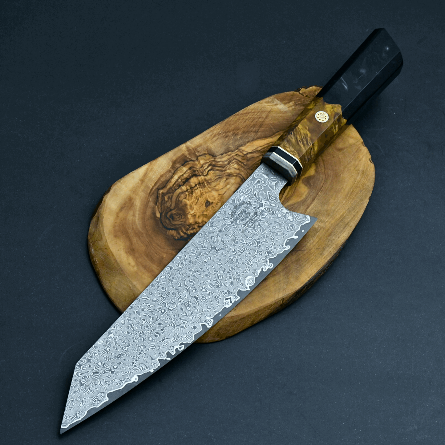 Aurora Japanese VG10 Damascus Knife with Olive Wood Burl & Black Pearl Resin Handle