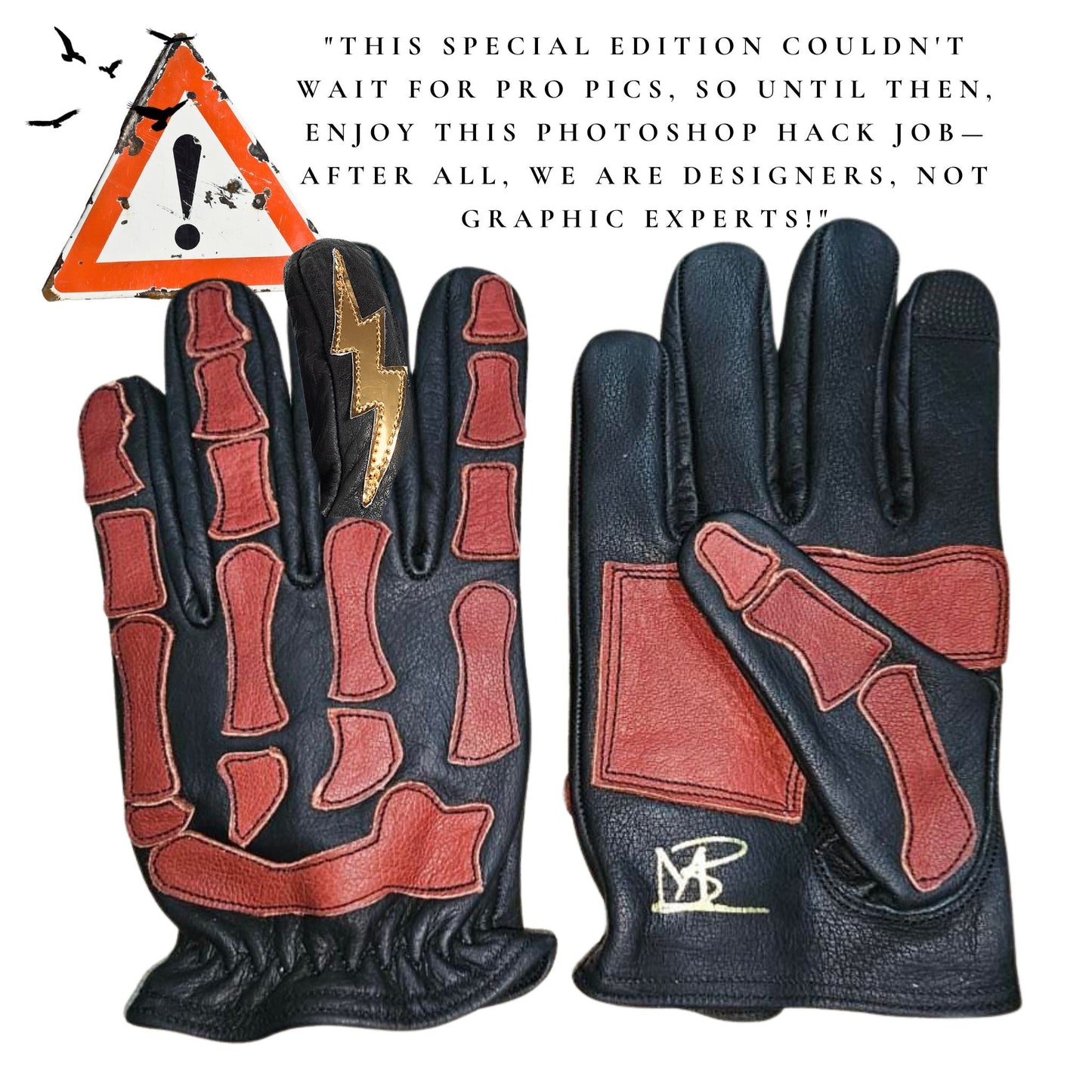 Astrapí (Lightning) Skeleton Leather Motorcycle Glove - Black-RED