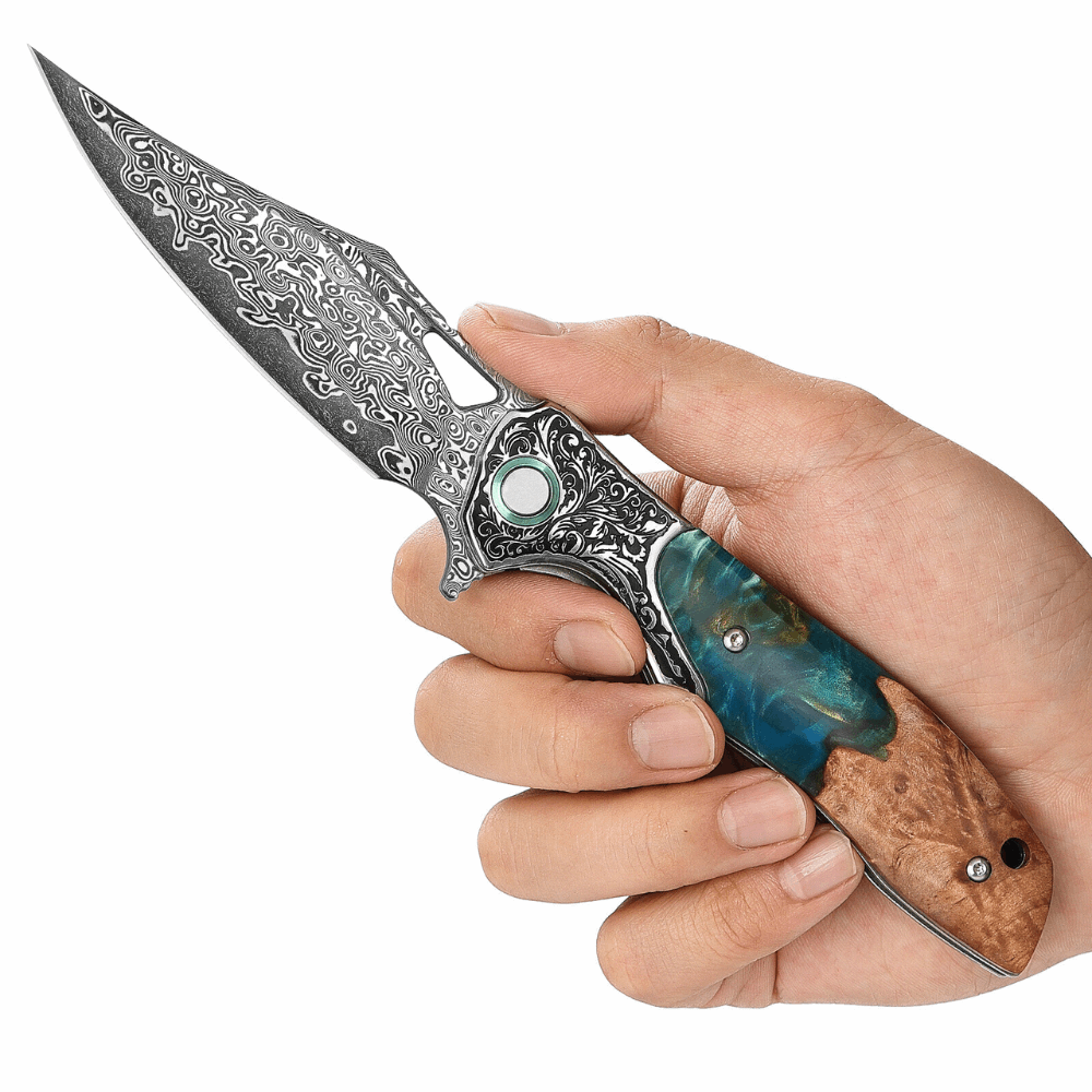 Ares VG10 Damascus Pocket Knife with Olive Burl Wood & Resin Handle