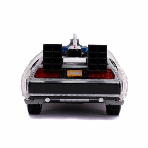 Back to the Future Part III die-cast (white-wall version) 1:24 scale "Hollywood Rides" light-up DeLorean Time Machine