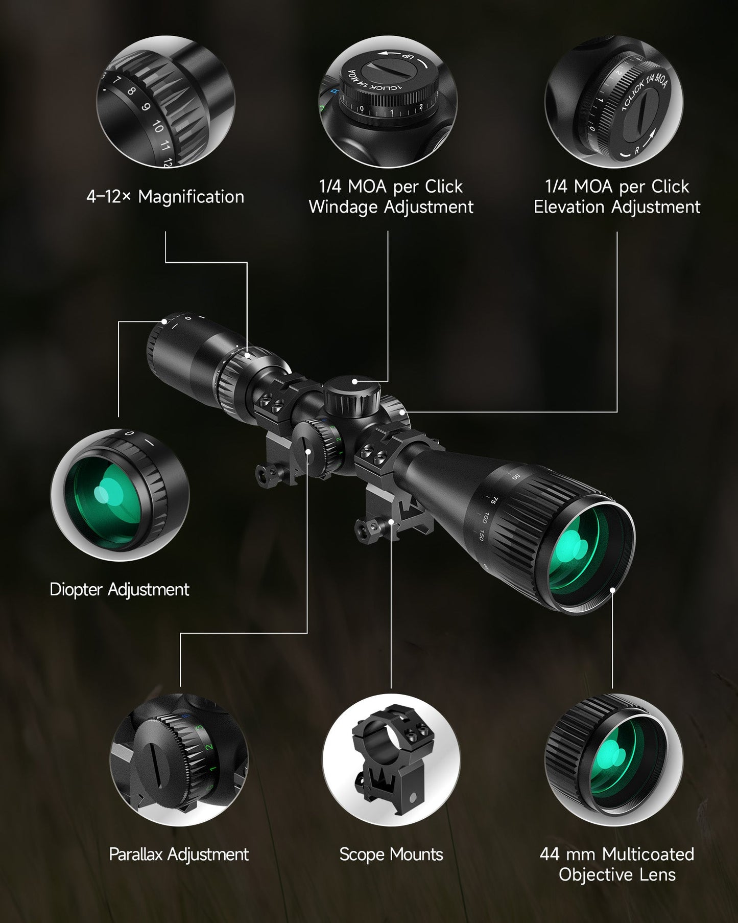 4-12x44 Red & Green Illuminated Optical Riflescope Reticle AO Scope