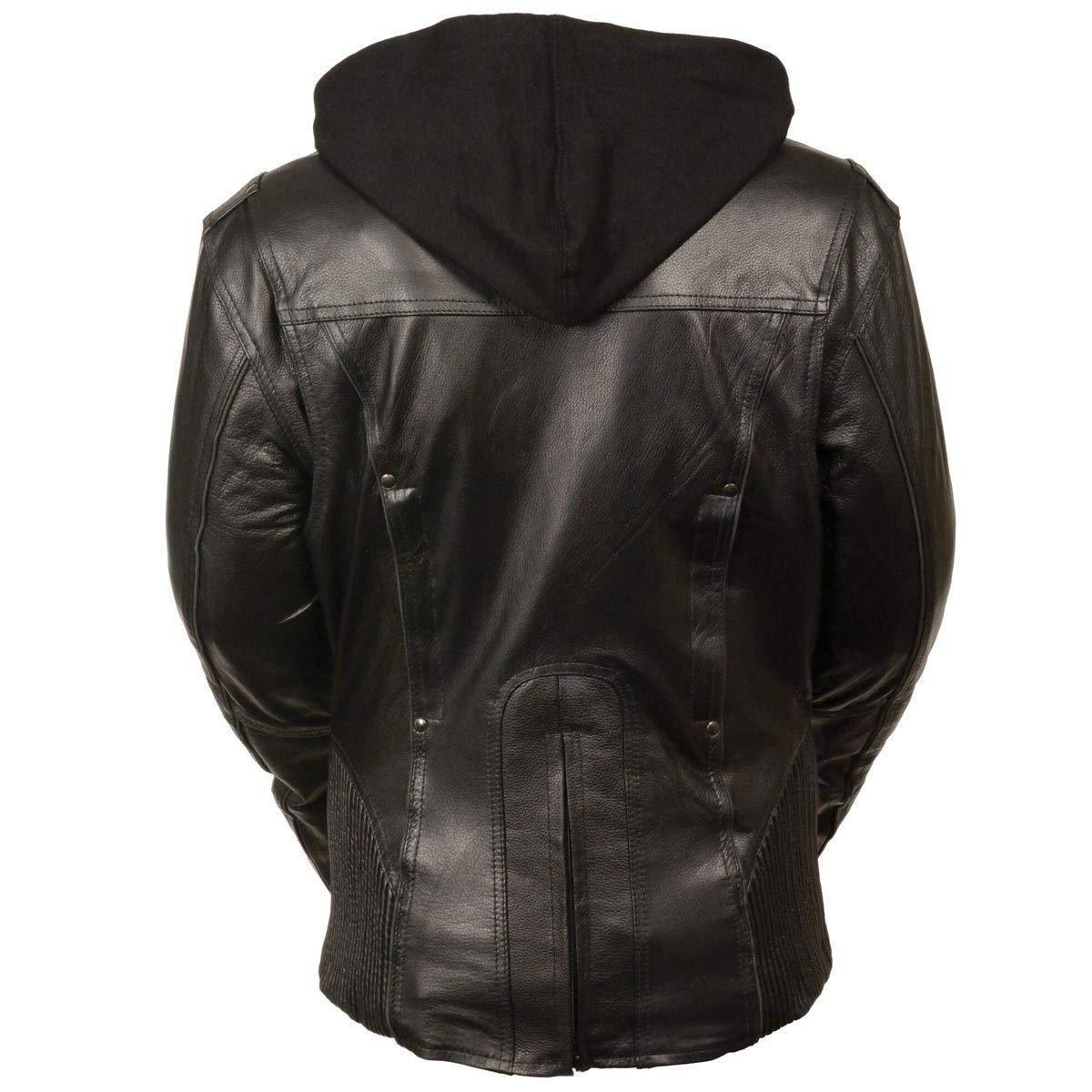 Milwaukee Leather ML2066 Women's 3/4 Black Leather Hoodie Jacket with Reflective Tribal Design