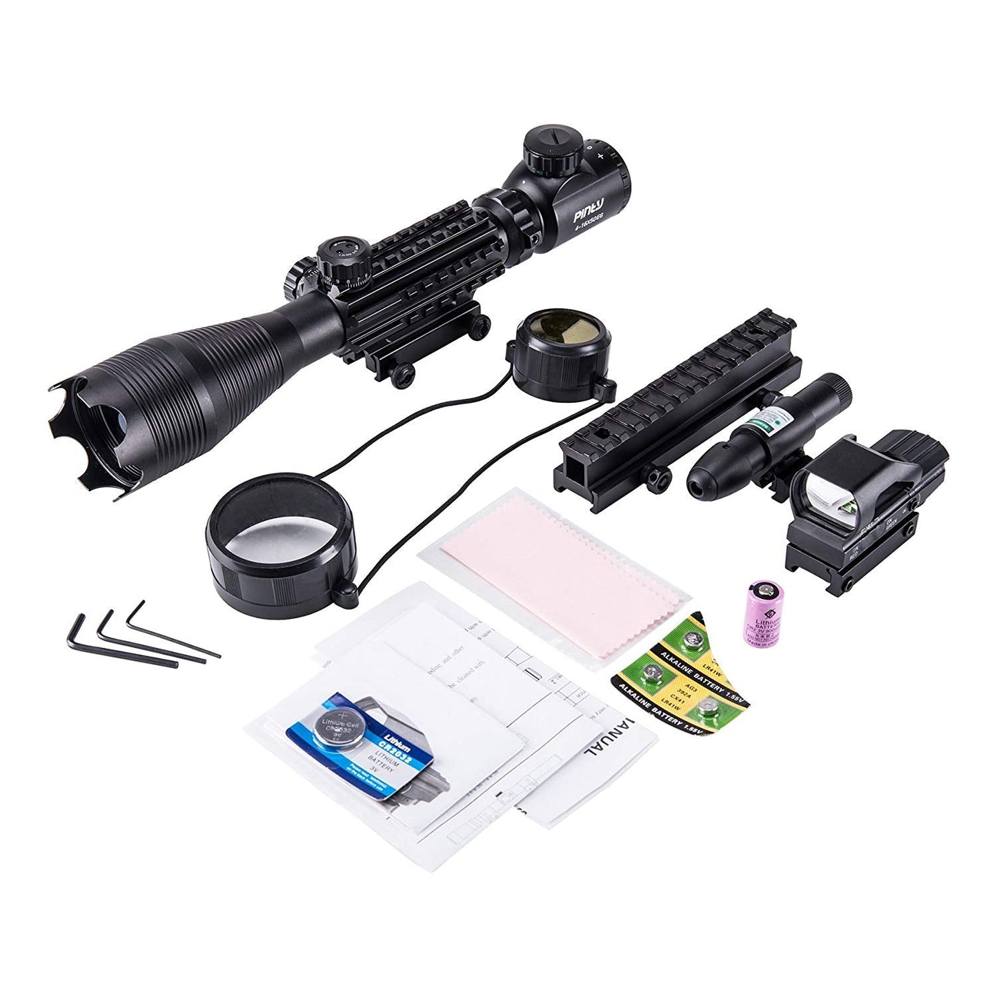 4-in-1 Rifle Scope Combo, 4-16*50mm Rangefinder Scope, Green Laser, Red & Green Dot Sight, 14 Slot Riser