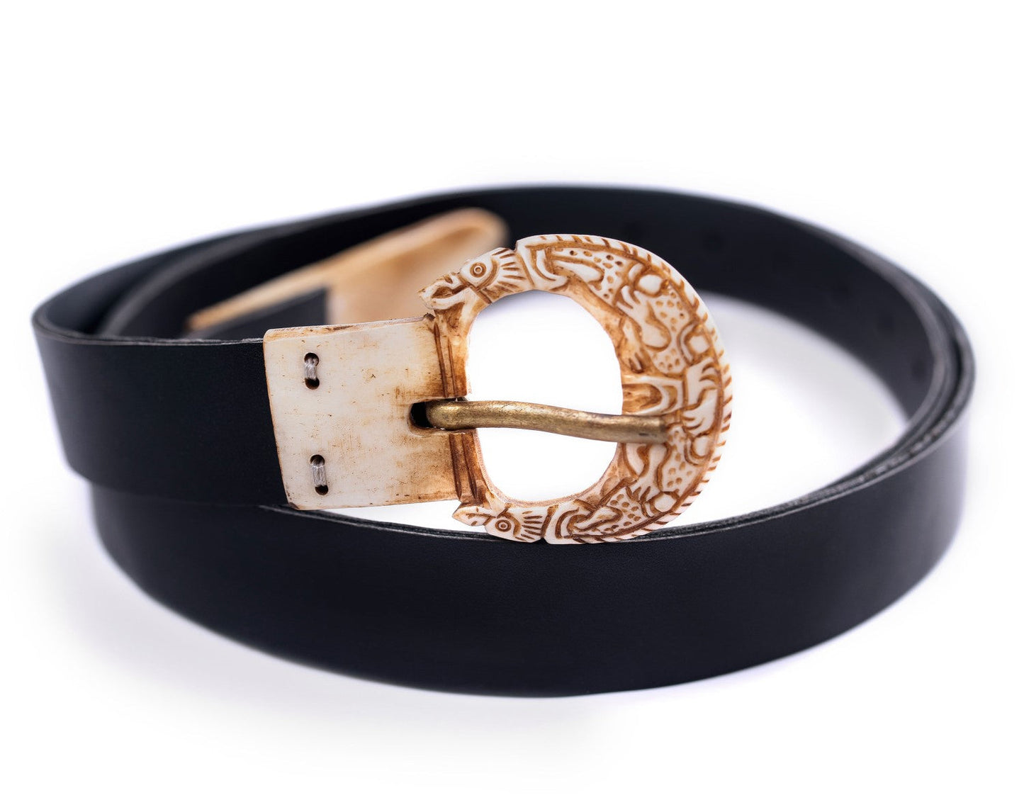 Viking Leather Belt with Hand-Carved Bone Buckle & Tip