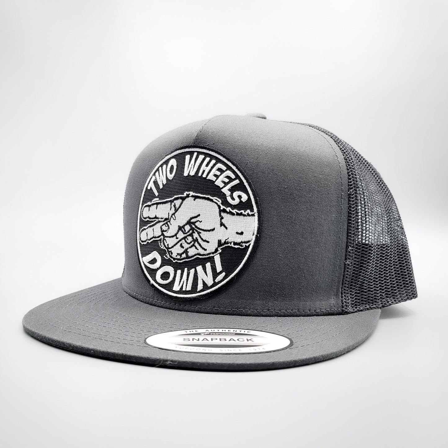 Two Wheels Down Harley Motorcycle Trucker Hat